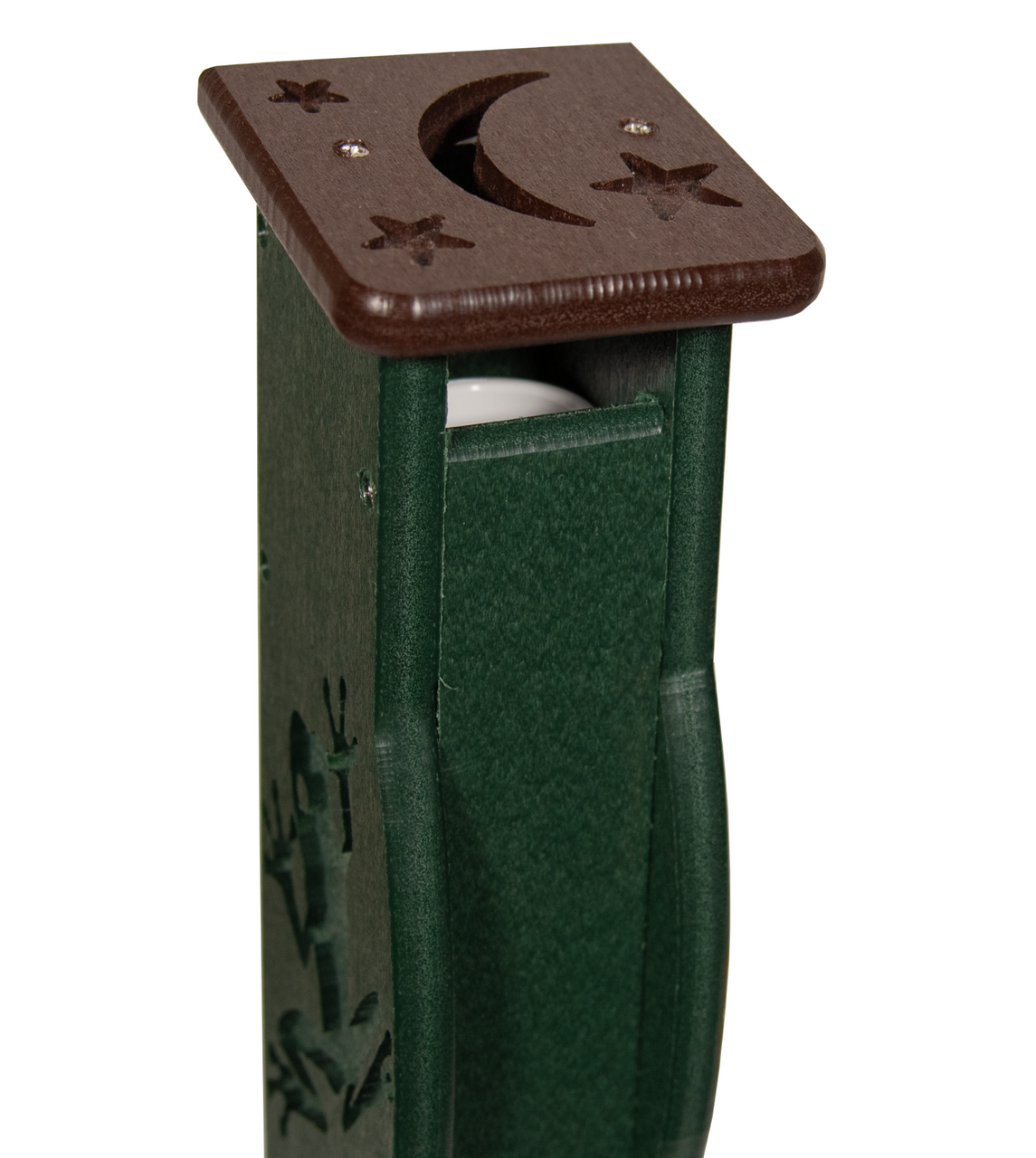 Plastic resin candle lantern featuring a carved frog a crescent moon and stars with a dark brown top and a green body