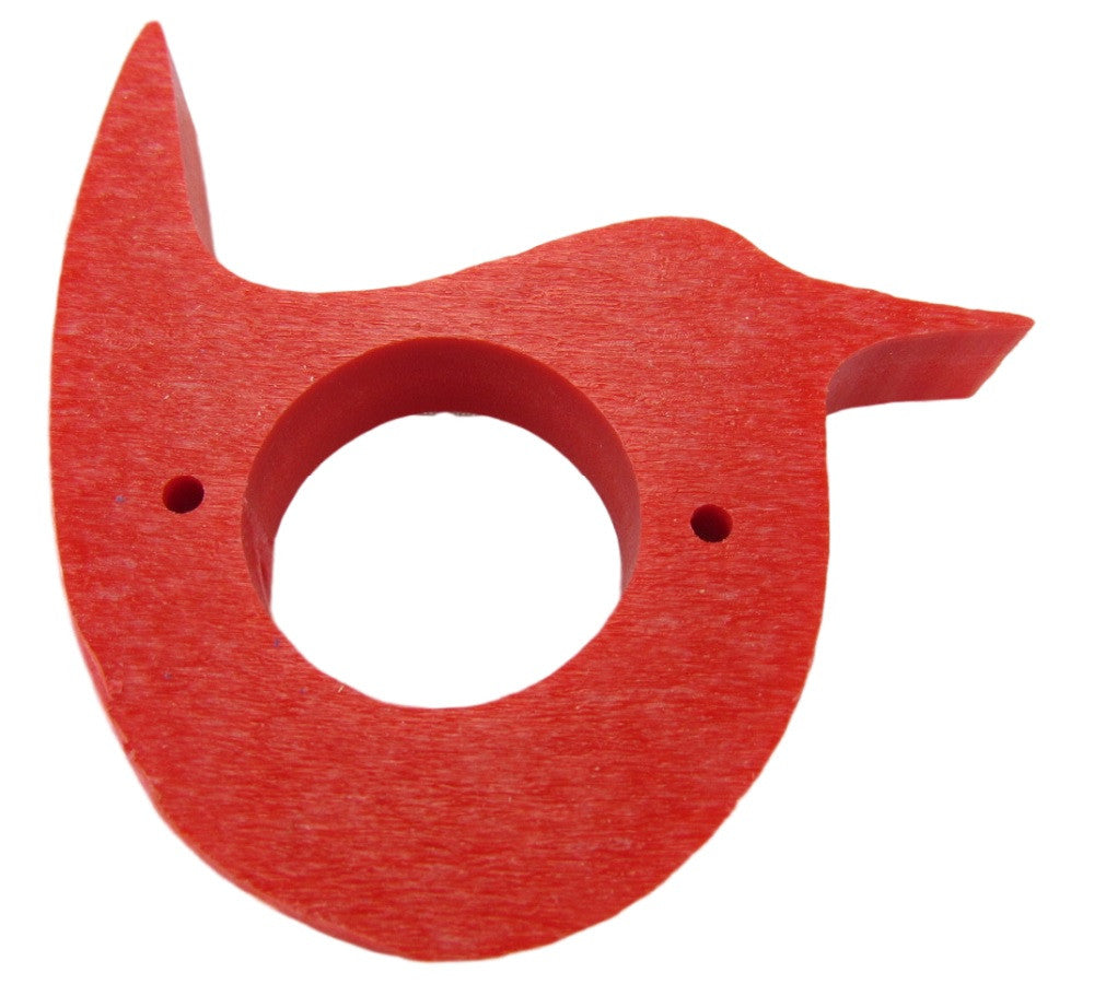 Red lacquered wood bird-shaped napkin ring with a central hole and two small side holes showcasing a vibrant crimson hue and smooth textured surface