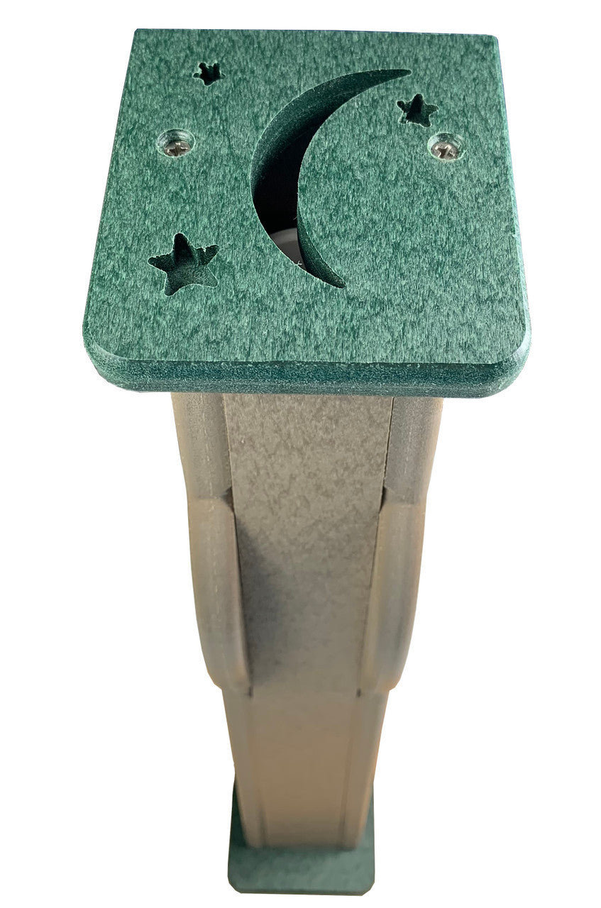 Plastic post lamp with a dark green top featuring a cut-out crescent moon and stars a taupe-colored body and a small green base