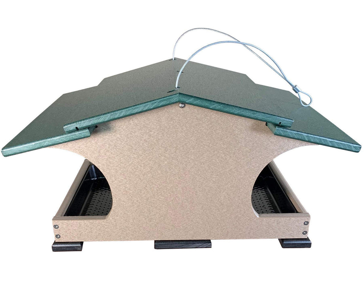 Recycled plastic double bird feeder with green roof and beige body featuring two feeding trays and wire hanging system