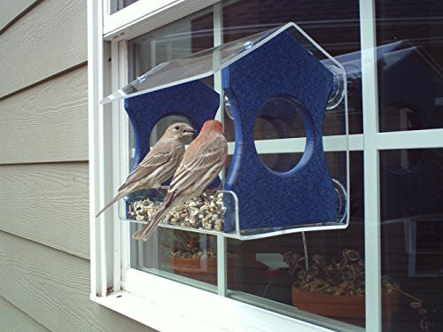 Photograph of a house finch and a female house finch feeding at a blue and clear acrylic window bird feeder attached to a light grey sided house window with potted plants visible through the glass
