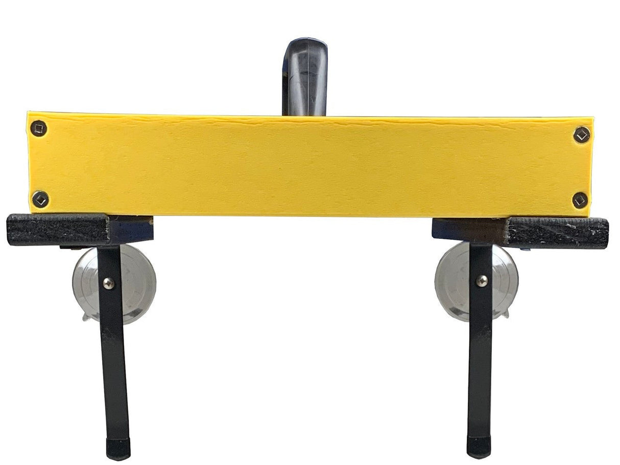Unknown artist plastic and metal suction cup sign holder with bright yellow rectangular body and black metal legs featuring clear suction cups