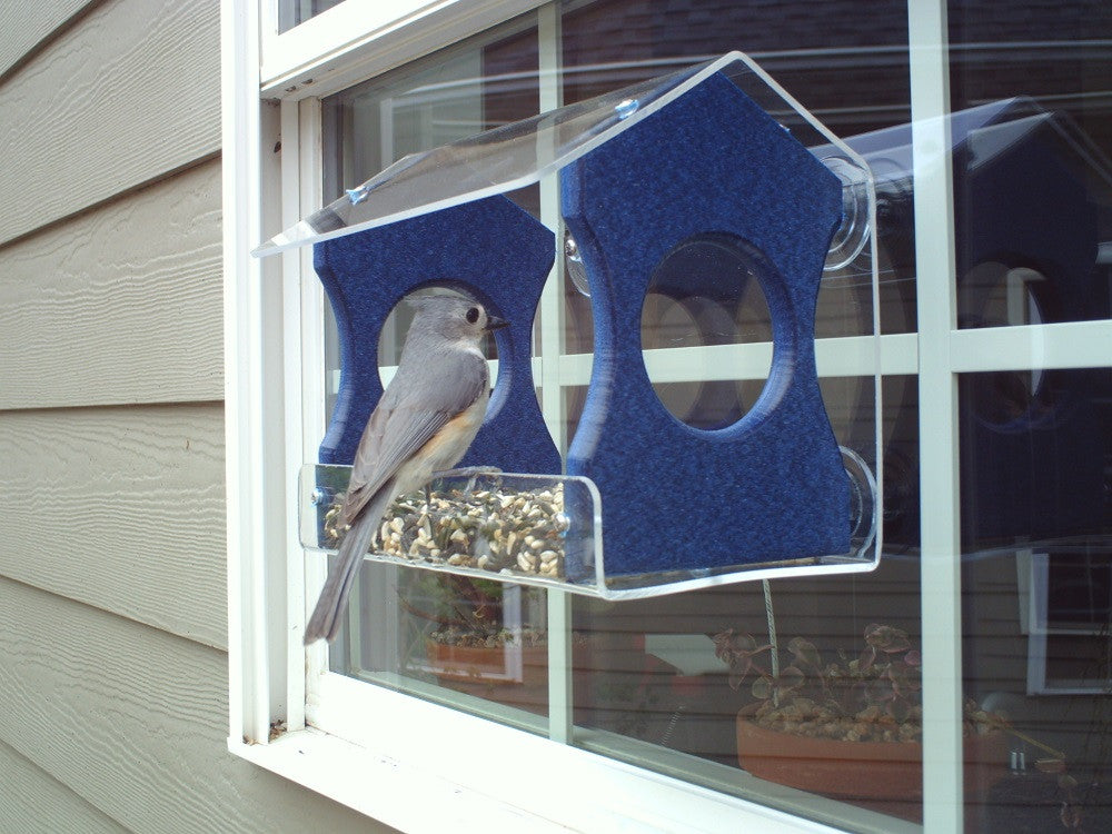 Photograph of a Tufted Titmouse at a window-mounted bird feeder with a clear acrylic top and blue perches  feeding on mixed seeds near potted plants against a light gray house siding.