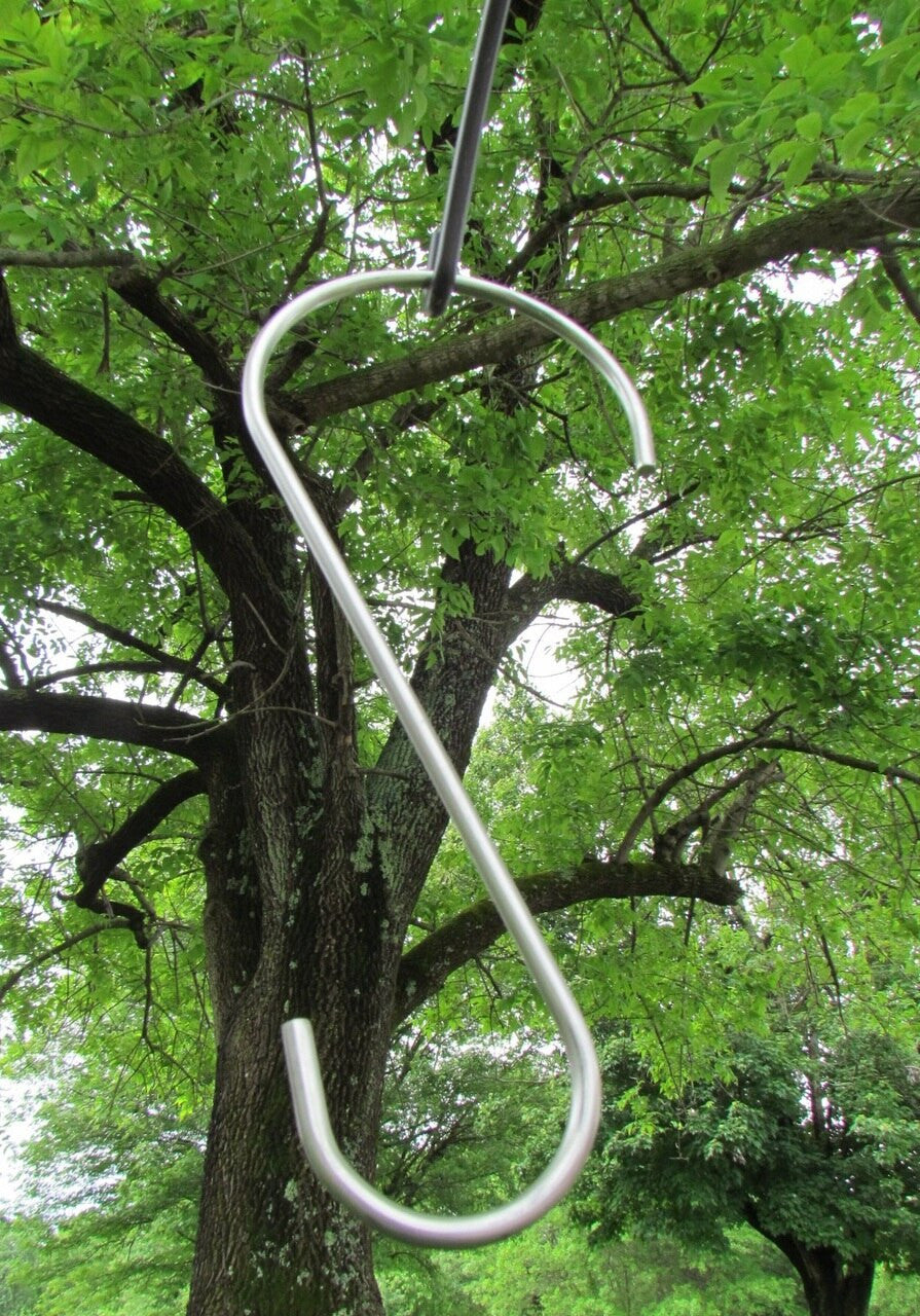 Metal S hook hanging from a tree branch in a lush green outdoor setting with vibrant foliage and a mossy tree trunk showing its textured bark
