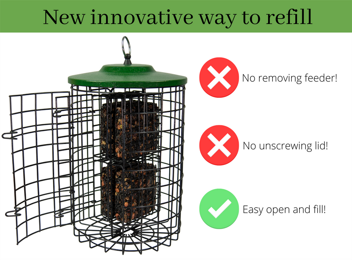 Innovative Squirrel Stopper suet feeder design features easy-open side door for quick refills without removal.