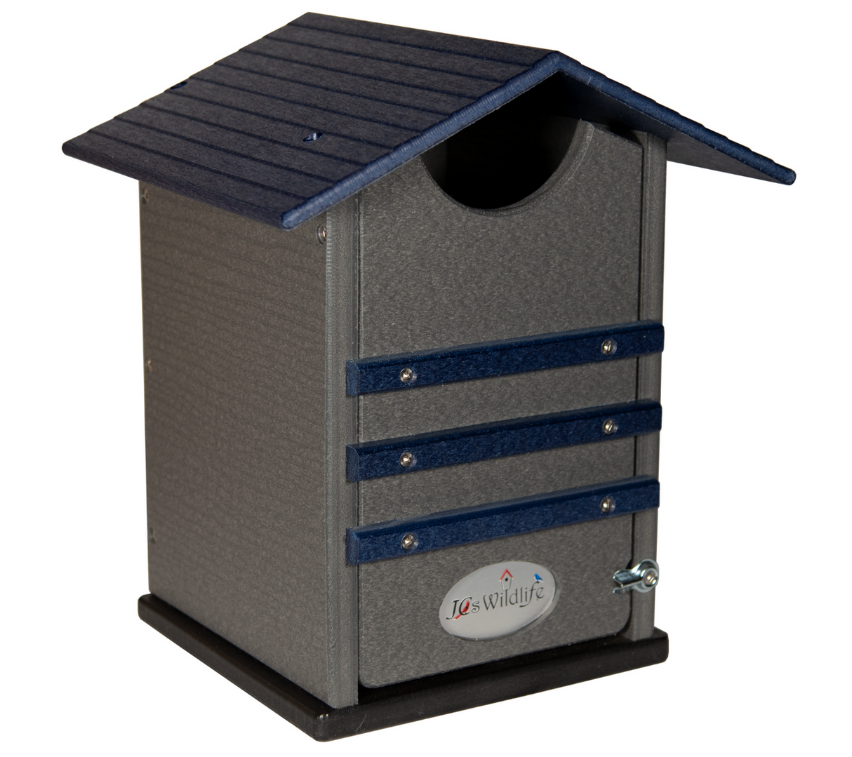 JCs Wildlife gray and blue recycled plastic birdhouse with a dark gray base featuring a dark blue roof and decorative trim