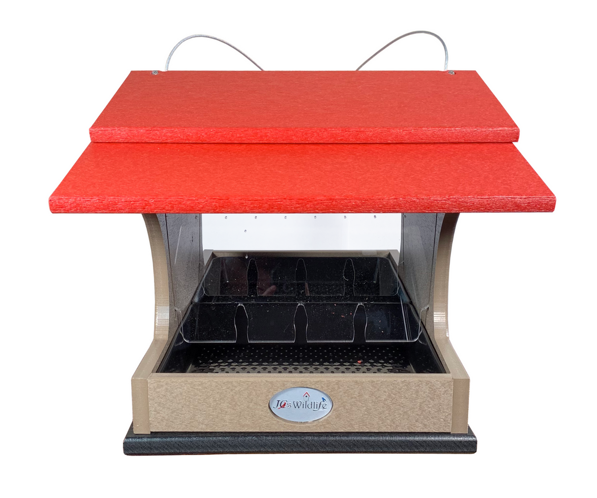 JGs Wildlife red and taupe bird feeder with a double-tiered roof, clear plastic seed trays, and a black base.