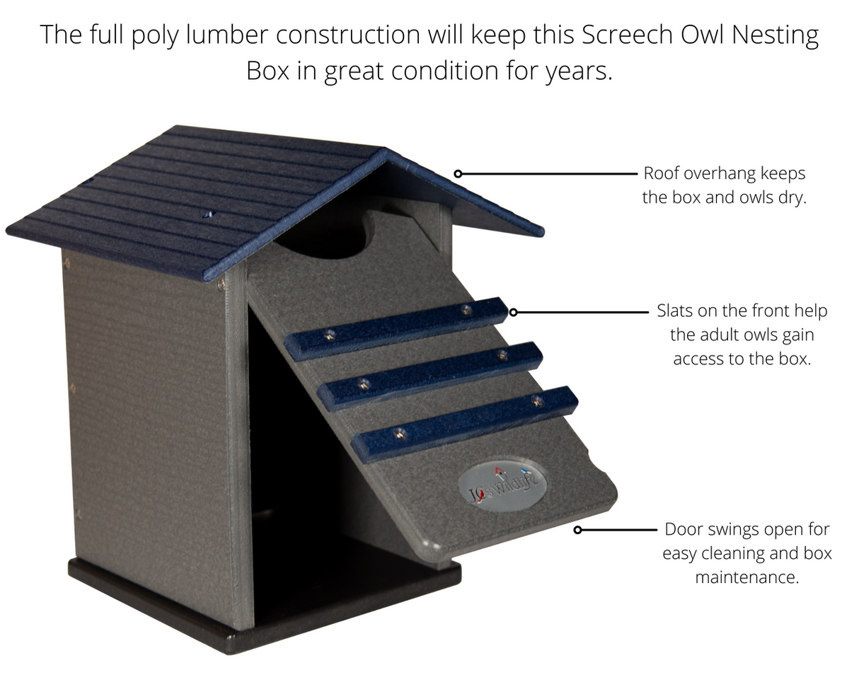 Jos Wildlife gray and blue poly lumber Screech Owl nesting box with a pitched roof and access slats featuring a logo and easy-clean door.