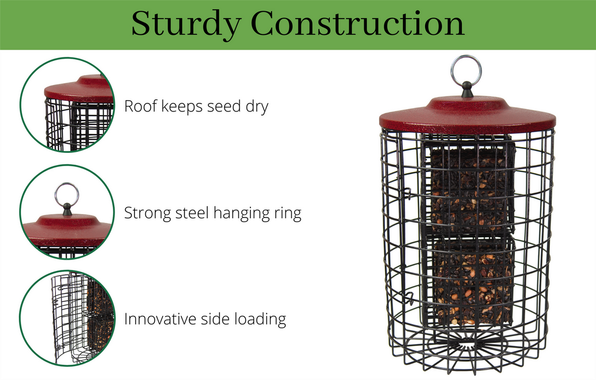 Squirrel Stopper Large Round Squirrel Proof Suet Feeder with sturdy construction and innovative features for bird feeding.