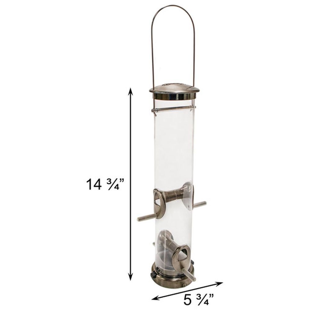 Aspects 392 Quick-Clean Seed Tube Feeder in brushed nickel with dimensions 14 3/4" x 5 3/4" for lifetime bird feeding.