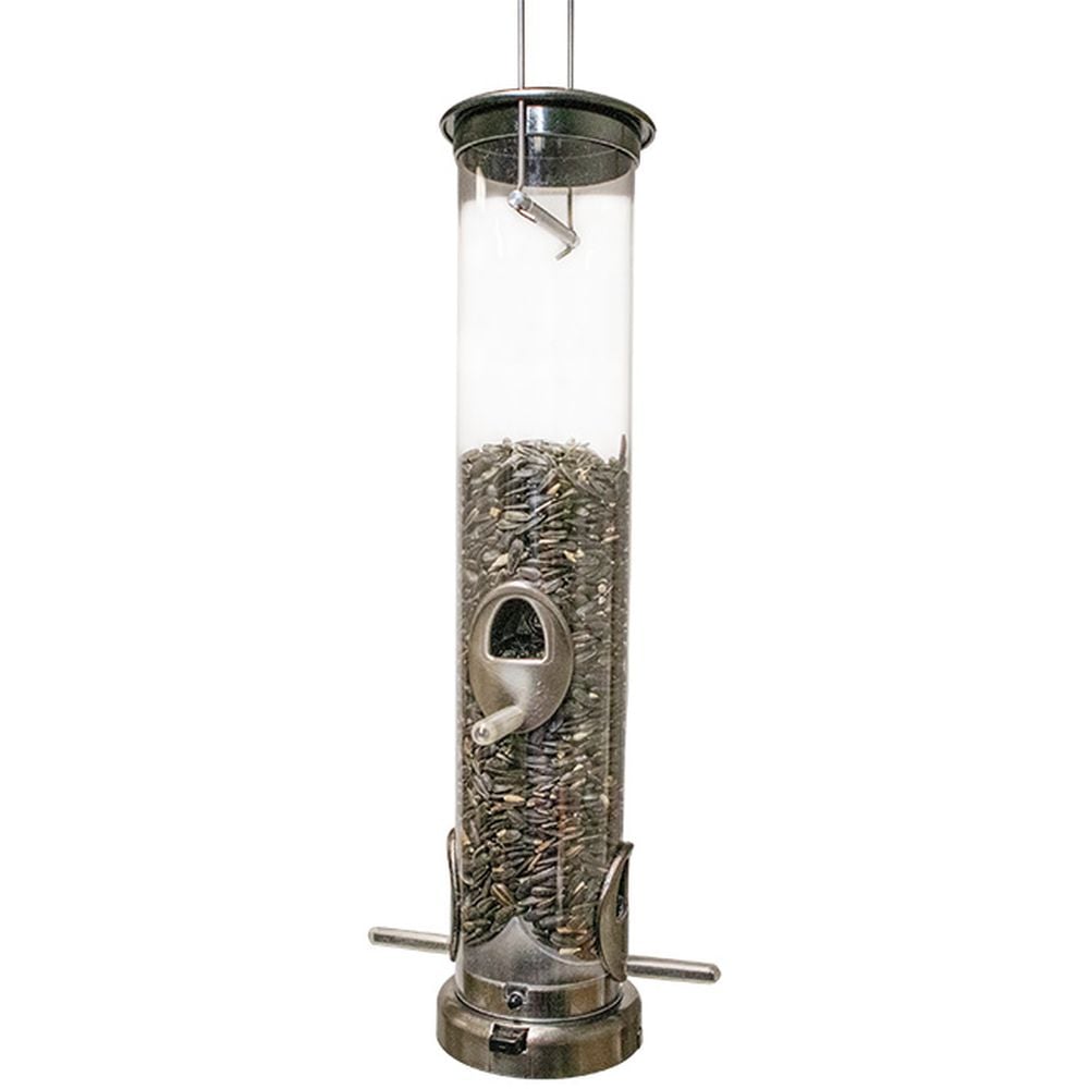 Aspects 392 Quick-Clean Seed Tube Feeder in brushed nickel filled with seeds for birds.