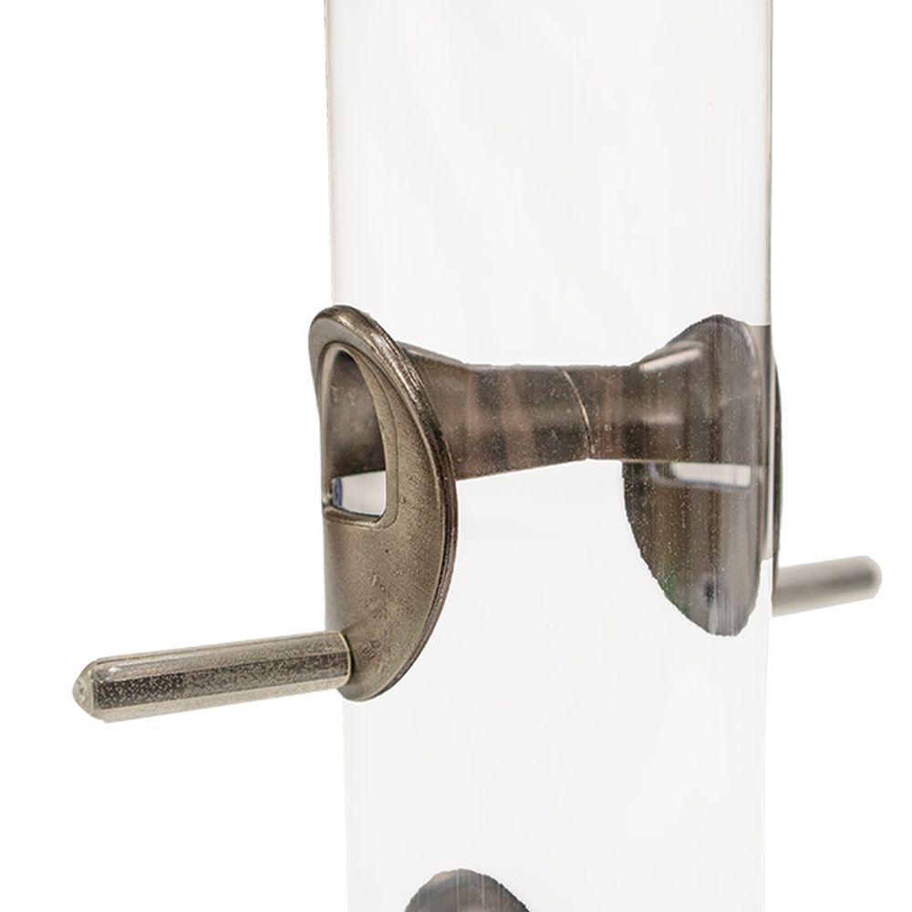 Close-up of the Aspects 392 Quick-Clean Seed Tube Feeder showing brushed nickel metal cap and feeding port.