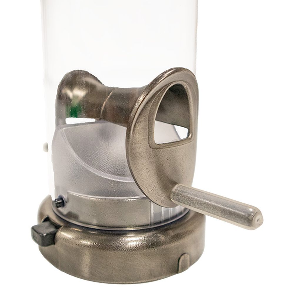 Close-up of Aspects 392 Quick-Clean Seed Tube Feeder with brushed nickel metal cap and clear polycarbonate tube.