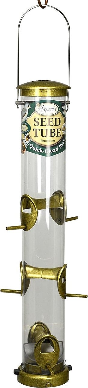 Aspects 396 Quick-Clean Seed Tube Feeder in Antique Brass, featuring a clear tube and multiple feed ports.