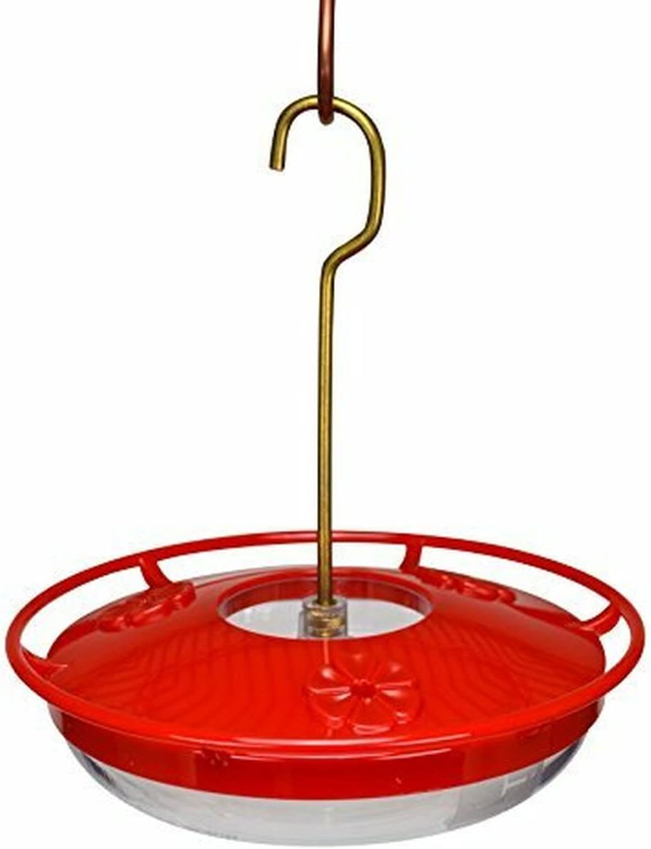 Aspects Mini HighView 8 Oz Hanging Hummingbird Feeder - 430, Red with a clear bowl and red top for attracting hummingbirds.