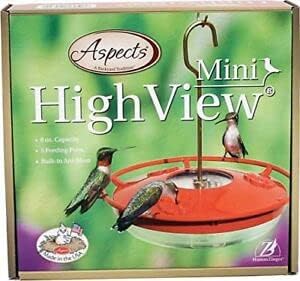 Aspects Mini HighView 8 Oz Hanging Hummingbird Feeder, red, featuring hummingbirds at the feeding ports.