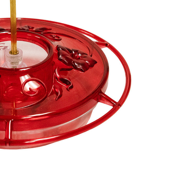 Aspects 382 HummZinger Little Fancy Feeder in red with flower feeding ports, 8-ounce capacity, ideal for garden hummingbirds.