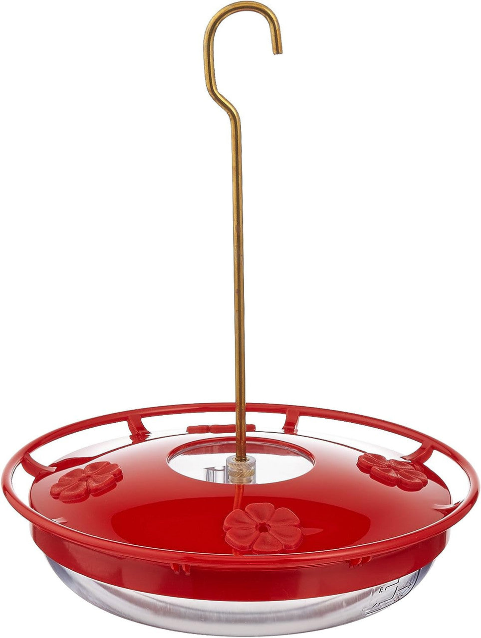 Aspects 429 HummZinger HighView 12 Oz Hanging Hummingbird Feeder in red with flowers and a gold hook.