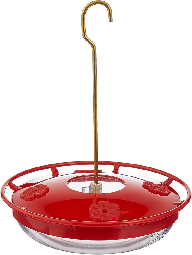 Aspects 429 HummZinger HighView 12 Oz Hanging Hummingbird Feeder in red with flowers and a gold hook.