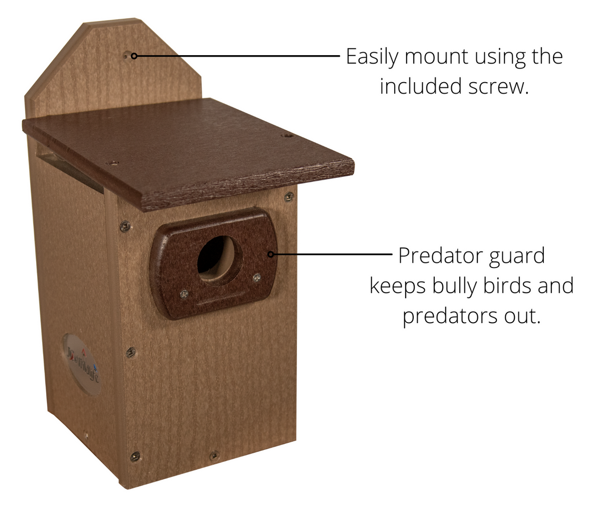 Product shot of a J&W Wildlife brown and dark brown recycled plastic birdhouse with predator guard and mounting screw