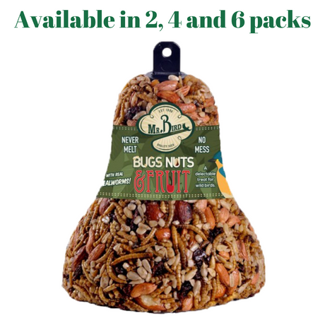 Mr. Bird Bugs, Nuts, & Fruit Wild Bird Seed Bell 12.5 oz available in 2, 4, and 6 packs, made with real mealworms.