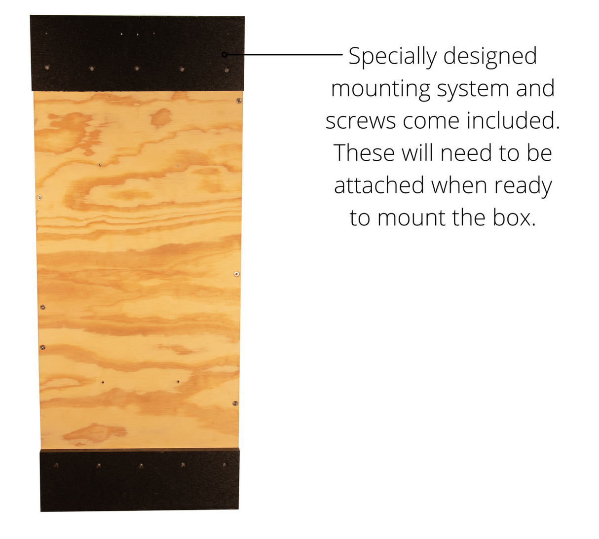 Product shot showing a light tan plywood box back with black top and bottom mounting pieces and silver screws