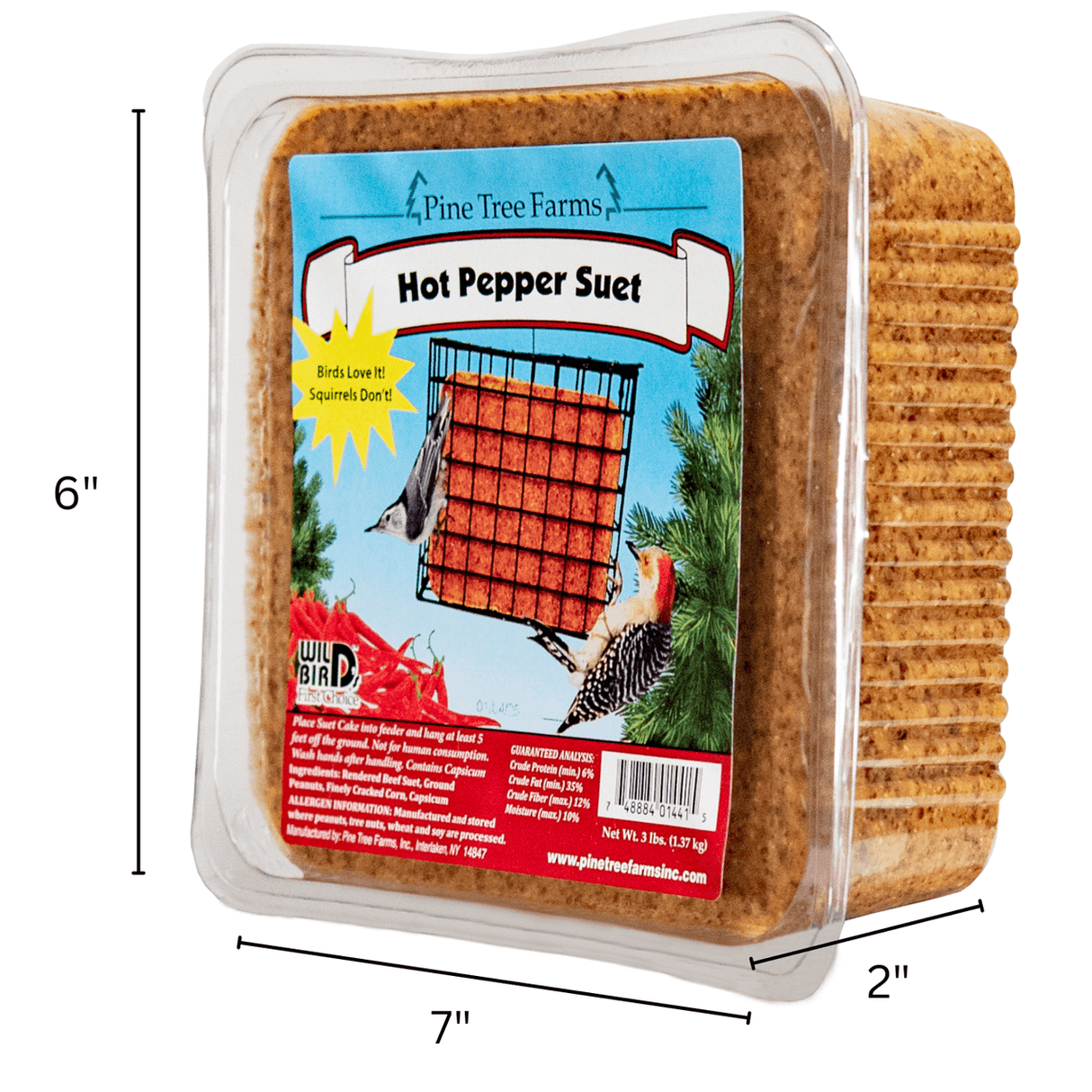 Pine Tree 1441 Hot Pepper Suet Cake, 3-Pound package with dimensions, designed to attract birds and deter squirrels.