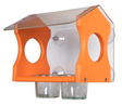 Plastic bird feeder with orange accents and clear acrylic roof featuring two glass cups and suction cups for window mounting