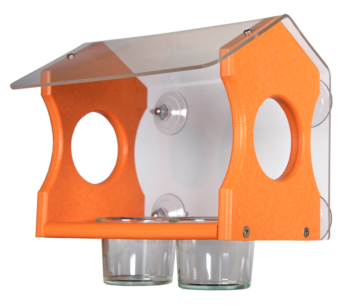 Plastic bird feeder with orange accents and clear acrylic roof featuring two glass cups and suction cups for window mounting