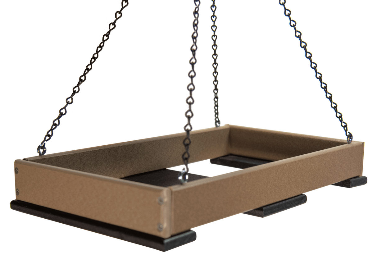 JCS Wildlife Large Poly Lumber Hanging Platform Feeder in brown, ideal for attracting birds to your garden.