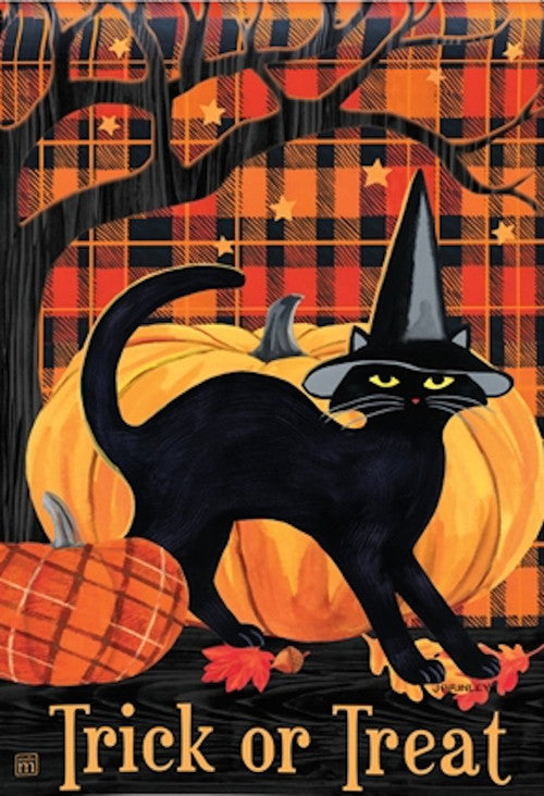 Unknown artist print depicting a black cat wearing a witch's hat near pumpkins against a red and black plaid background with a spooky tree and stars  featuring vibrant orange pumpkins and autumn leaves