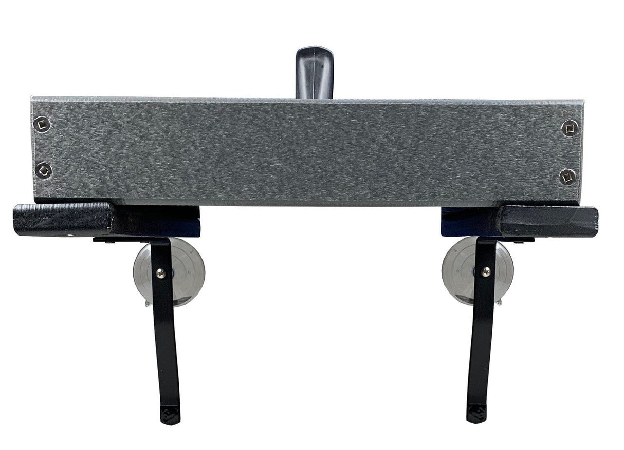 Product photography showing a gray plastic wagon with black metal legs and gray wheels featuring visible screws and a small handle