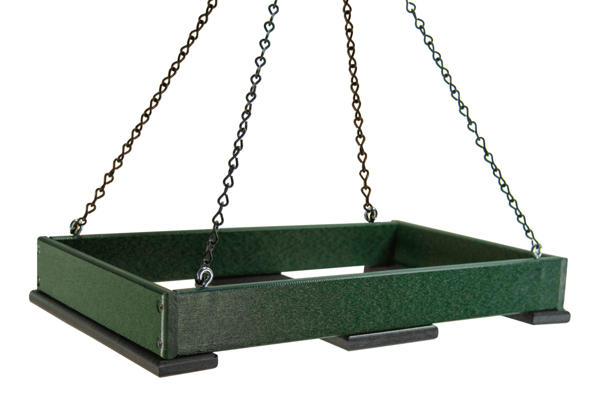 JCS Wildlife Large Poly Lumber Hanging Platform Feeder in green, featuring durable poly lumber construction and hanging chains.