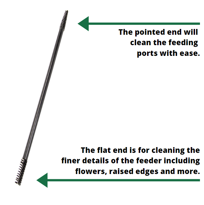 Product image showing a black metal cleaning tool with a pointed and a brush end ideal for cleaning hummingbird feeders and featuring intricate details