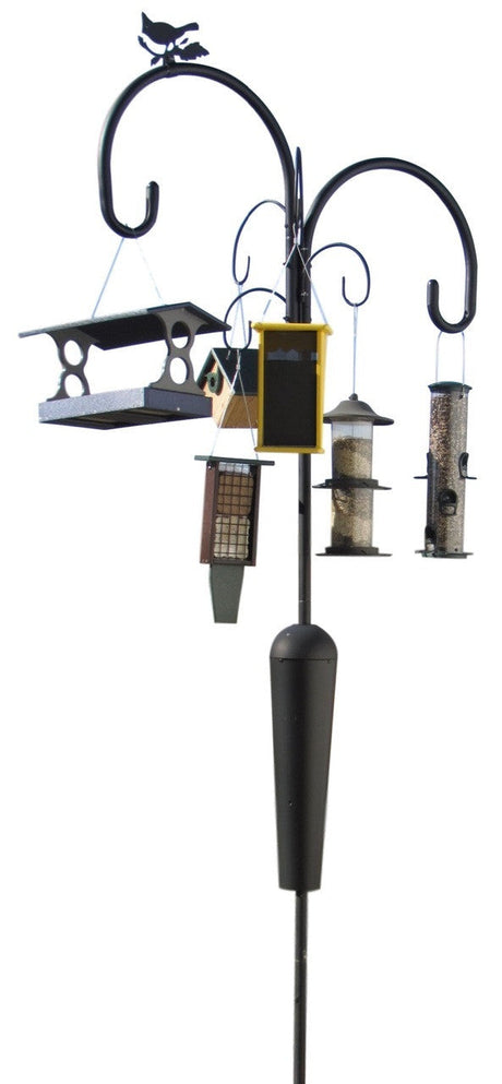 Metal bird feeder stand with multiple feeders a birdhouse and a whimsical bird silhouette showcasing a gray platform feeder a yellow bird feeder and a tall cylindrical feeder