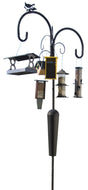 Metal bird feeder stand with multiple feeders a birdhouse and a whimsical bird silhouette showcasing a gray platform feeder a yellow bird feeder and a tall cylindrical feeder