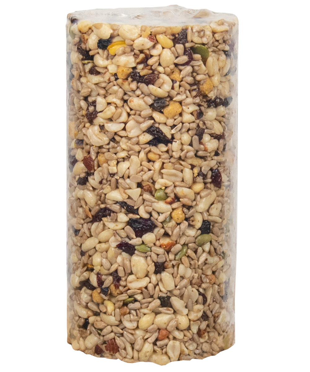Photograph of a cylindrical package of birdseed containing peanuts sunflower seeds and dried cranberries with a mix of other seeds and nuts