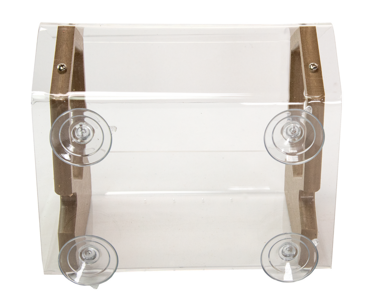 Acrylic and wood bird feeder with suction cups clear acrylic body and light brown wooden sides showing screws and a simple design
