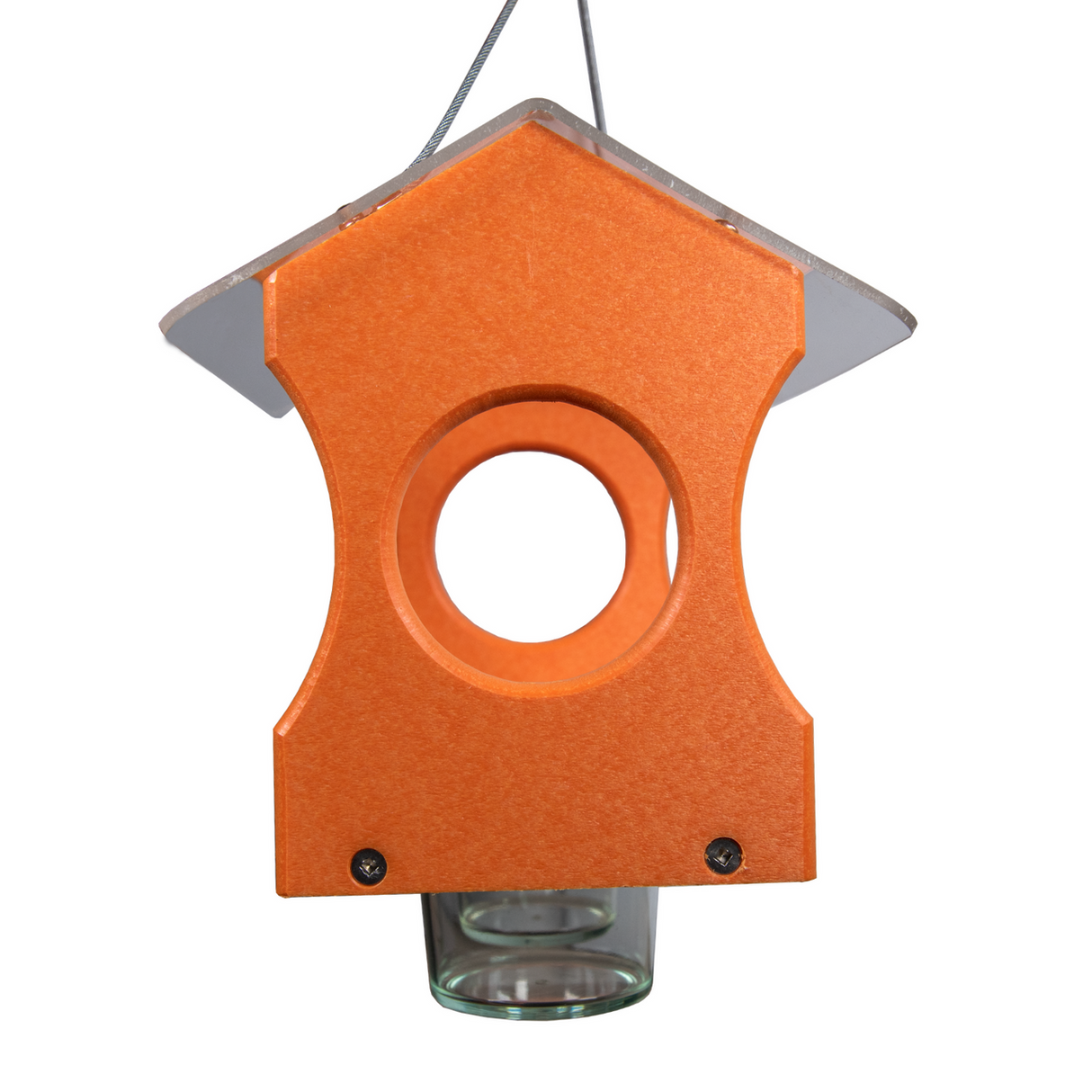 Recycled plastic bird feeder orange color hanging design two clear glass cups and a gray plastic roof