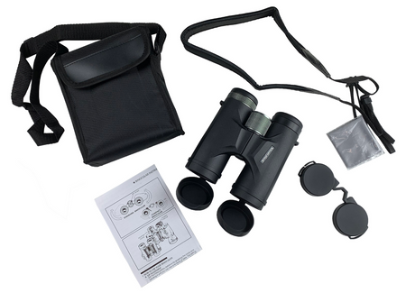 Strix Optics Sandpiper HD Birdwatching Binoculars 10x42 with accessories including carrying case, lens caps, and instruction manual