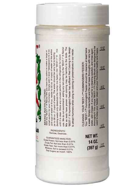 BEST-1 Hummingbird Nectar, a 14-ounce jar of white granulated sugar, designed for hummingbird feeders, with simple mixing instructions and cleaning tips.