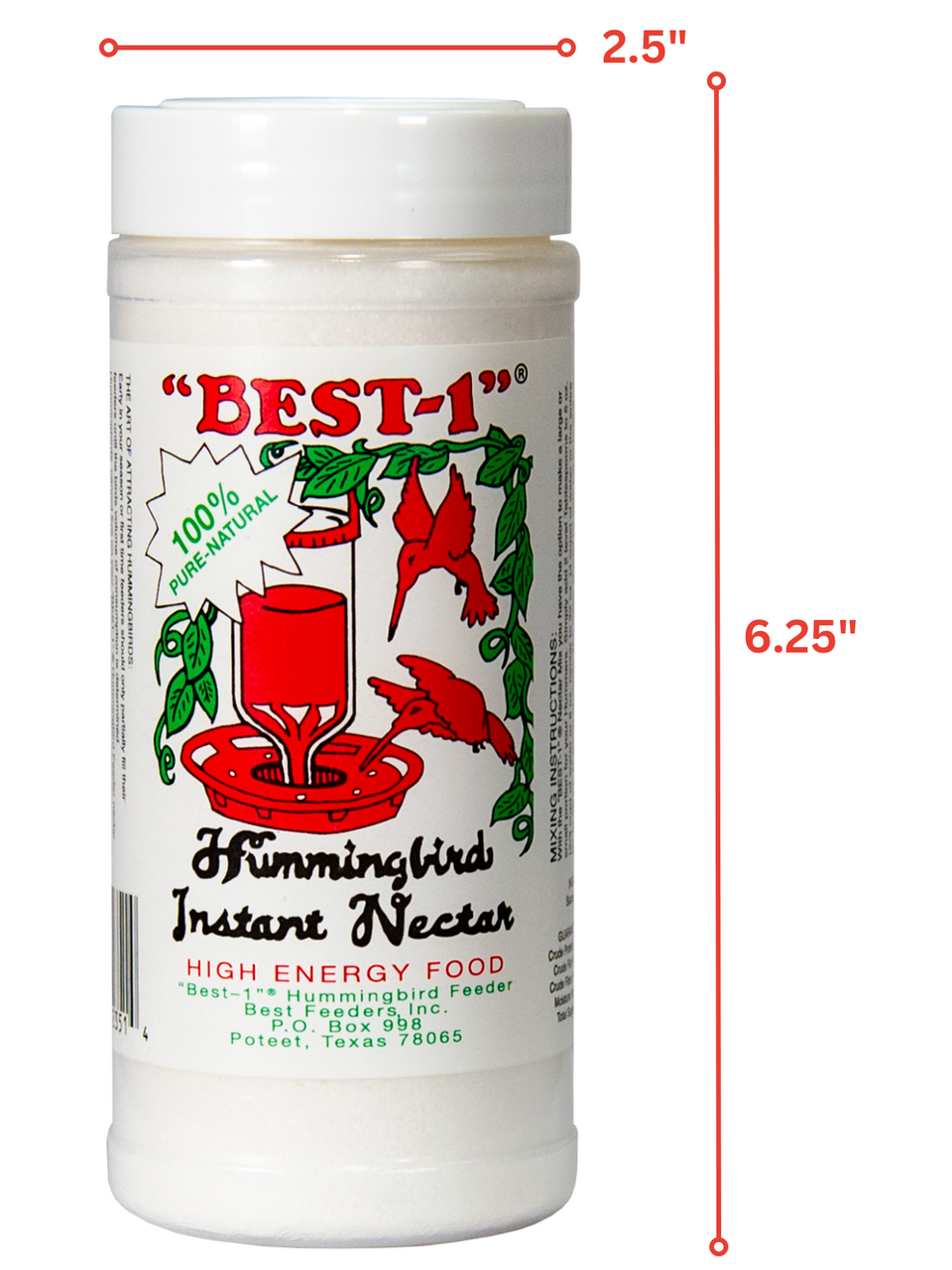 Product label graphic design showing a jar of Best-1 Hummingbird Instant Nectar featuring a red hummingbird at a feeder against green foliage with the words Best-1 and 100% Pure-Natural prominently displayed