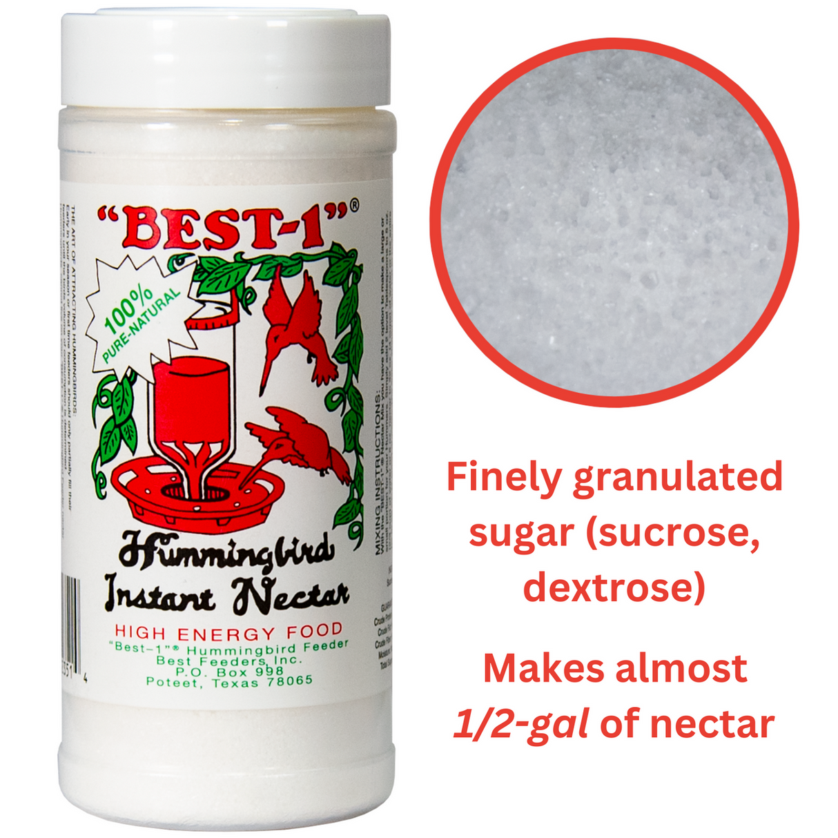Product photography showing Best-1 Hummingbird Instant Nectar, a white container with red hummingbird feeder and vibrant green leaves, featuring finely granulated white sugar and a 100% Pure-Natural label.