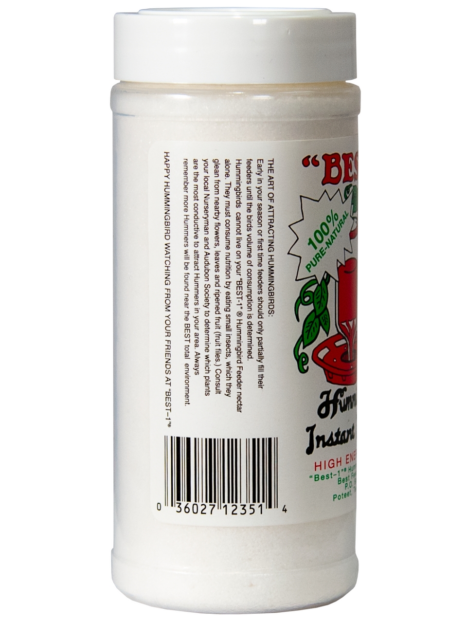 Product shot of Best-1 Hummingbird Feeder Instant Energy, a white jar with green and red labeling showing a hummingbird feeder, featuring a barcode and text detailing hummingbird feeding  information
