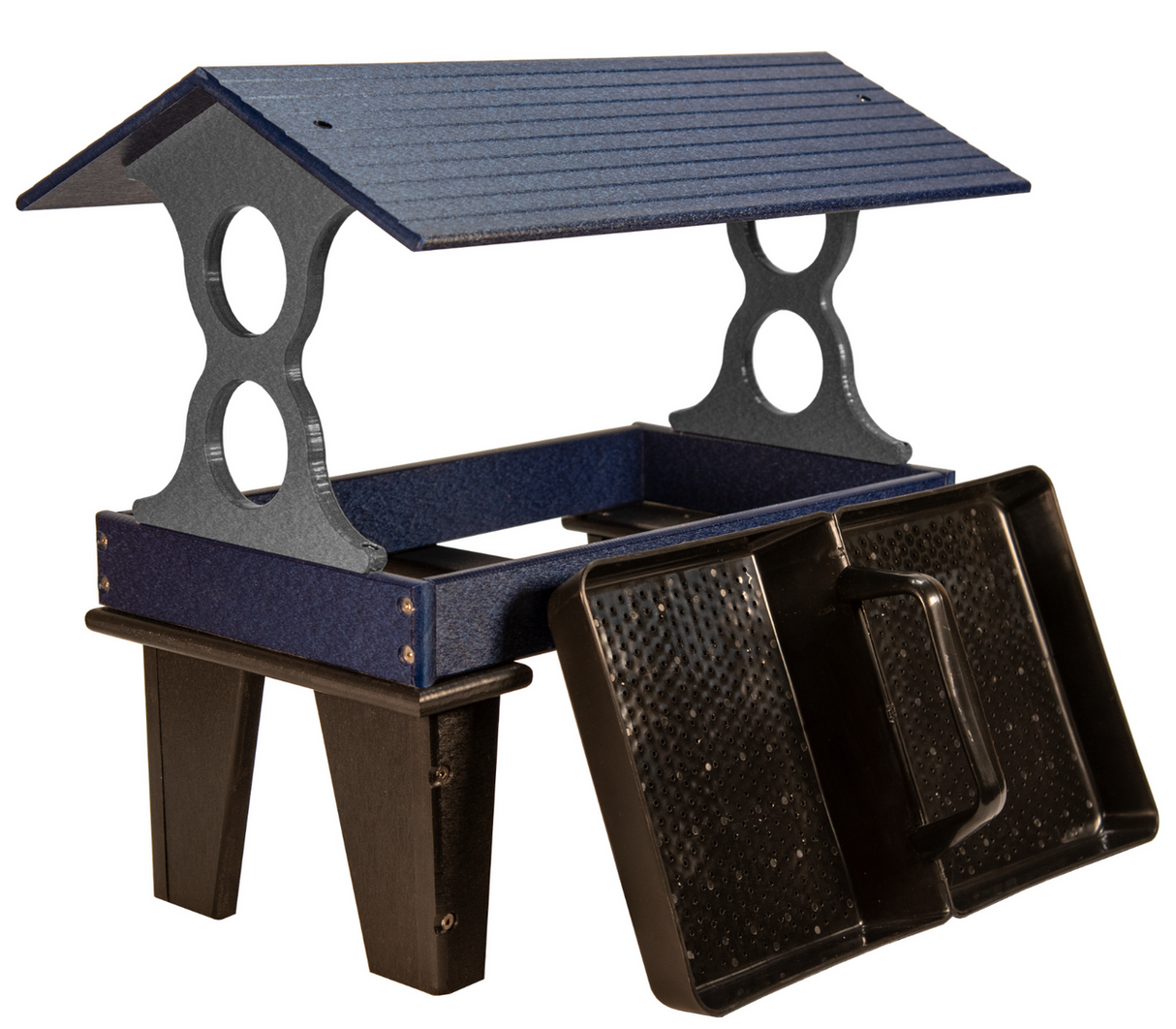 Product shot of a blue and gray plastic bird feeder with a peaked roof and two removable trays showing a dark perforated surface and easy-to-grip handles.