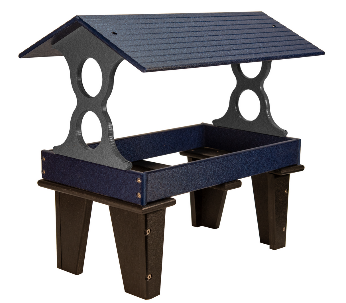 Plastic bird feeder with dark blue and gray recycled plastic construction featuring a gabled roof and decorative cutouts against a white background