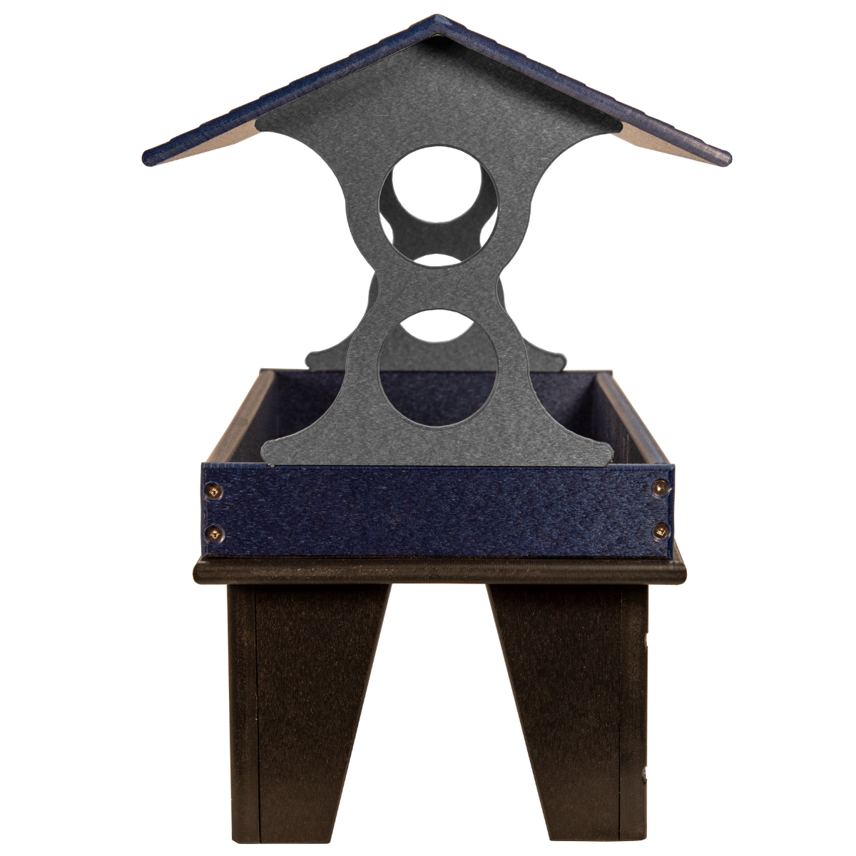 Recycled plastic bird feeder with gray roof dark blue tray and black legs featuring three circular openings and visible screws