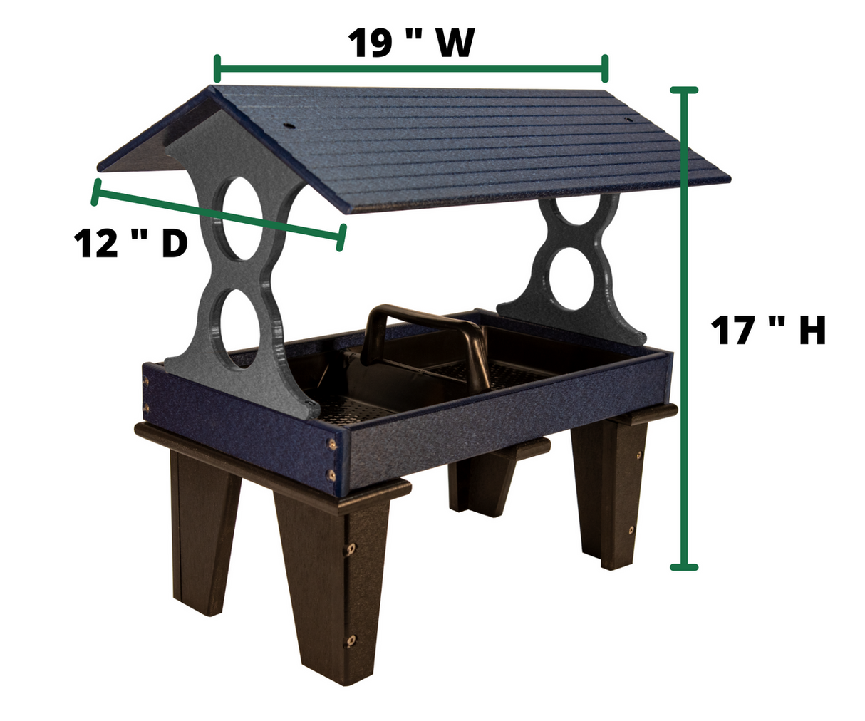 Product shot of a dark blue and gray plastic bird feeder with a pitched roof and a raised feeding tray featuring a textured surface and a cutout handle showing measurements of 19W x 12D x 17H inches