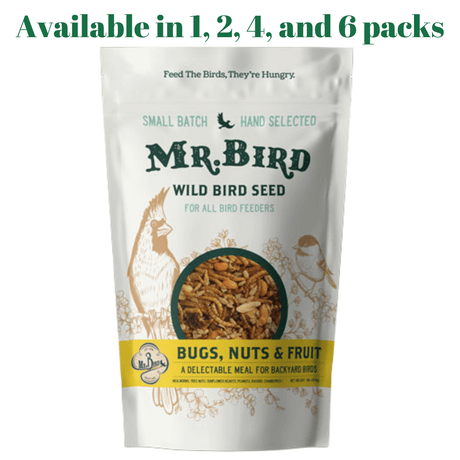 Mr. Bird Bugs, Nuts, & Fruit Large Loose Seed Bag 4 lbs for attracting wild birds, available in multiple pack sizes.