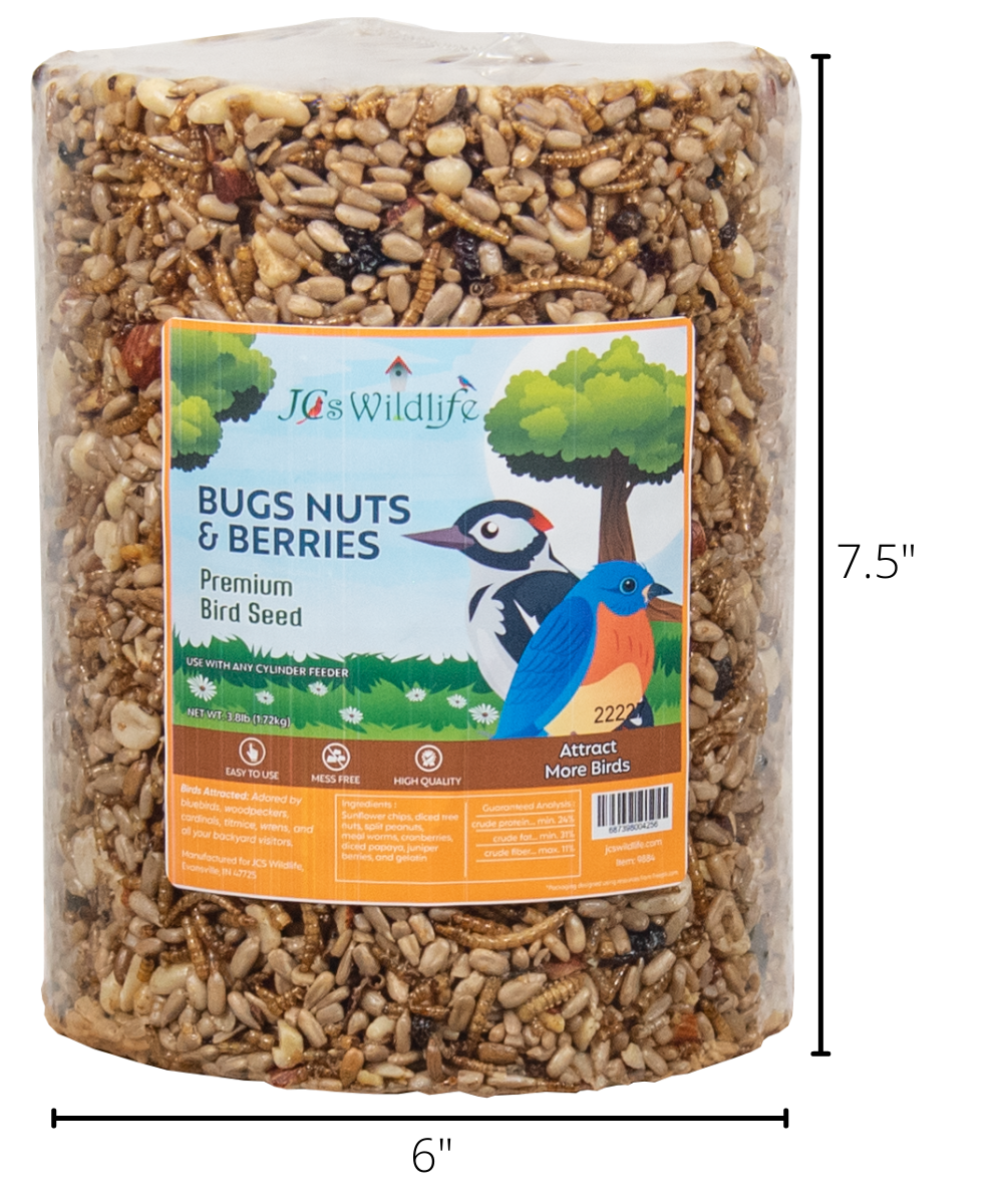 JCS Wildlife Bugs Nuts and Berries Premium Bird Seed Cylinder, 3.8 lb with vibrant bird graphics.